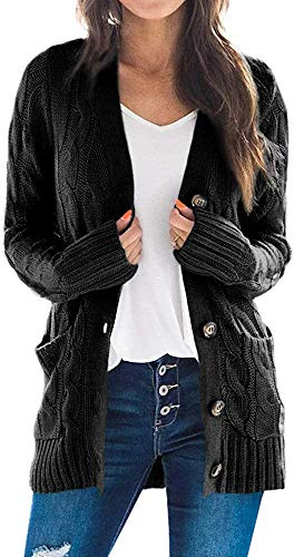 Maavoki Cardigan Long élégant Ouvert sur Le Devant, en Grosse Maille, Cardigan à Manches Longues, avec Boutons et Poches,Noir,XL