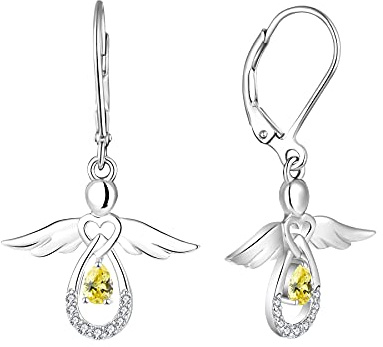 FJ Damen Schutzengel Ohrringe 925 Sterling Silber Engel Hängend Ohrringe Citrin November Geburtsstein Ohrringe Schmuck Geschenke für Frauen Mädchen