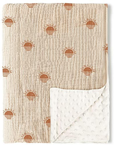 Konssy Baby Blankets for Unisex Boys Girls, Super Soft Nursery Minky Blankets with Muslin Cotton Front and Dotted Fleece Backing, Printed Bed Throws Newborn