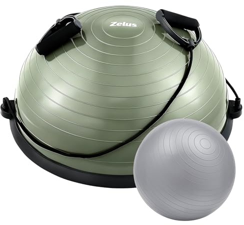 ZELUS Balance Ball Trainer with Resistance Bands and Foot Pump, Inflatable Yoga for Home Gym Workouts, 23 Inch Exercise Half Training Core Strength Fitness More, 330lb Cap, Matcha green