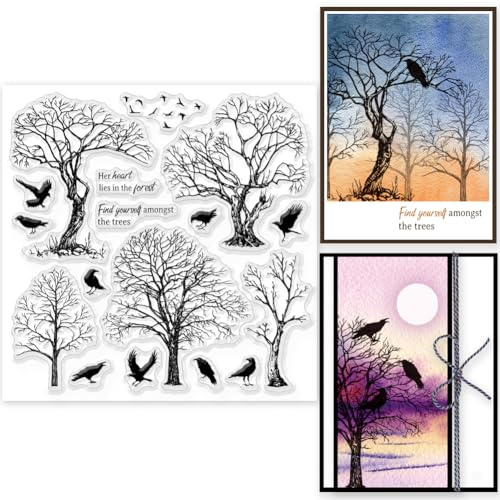 GLOBLELAND Trees Clear Stamps for DIY Scrapbooking Crow Birds Silicone Clear Stamp Seals 15x15cm Transparent Stamps for Cards Making Photo Album Journal Home Decoration
