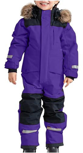 EMATOP Kinder Schneeanzug Wasserdicht Atmungsaktiv Skianzüge mit Kapuze Schneeoverall Dickere Warm Skioverall Farbblock Einteiliger Thermo Regenoverall Jungen Mädchen Funktionsanzug Outdoor