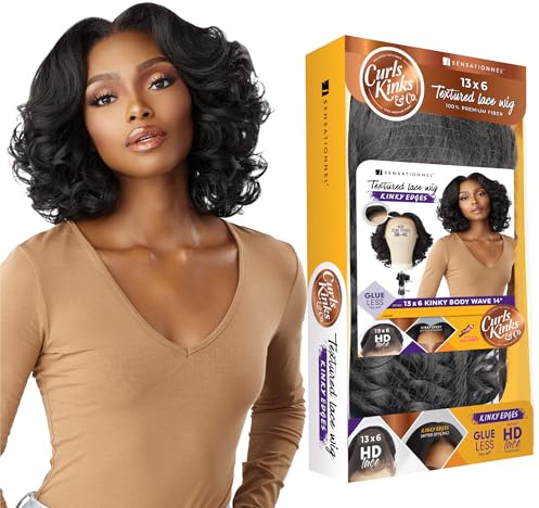 Sensationnel Curls Kinksandco Kinkyedges Wig - Kinky Body Wave 14 Inch 13X6 Lace Frontal Natural Kinkytexture Edged Hairline for Natural 3C to 4C Hair Textures (1 JETBLACK)