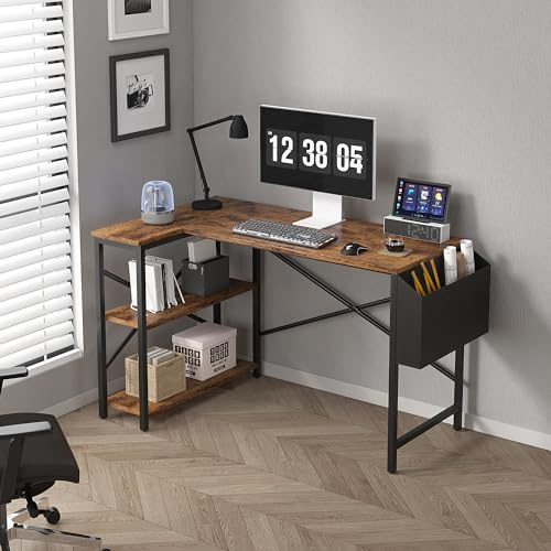 Mcc Direct L Shaped Corner Desk - Computer Desk with Bookshelf, Reversible for Home Office Studio Workstation (Brown, 120cm)