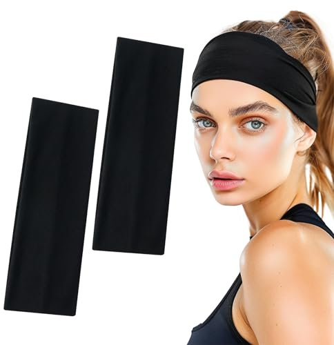 Sularpek 2 Stück Haarbänder, Schwarz 7cm Breites Haarband, Elastic Headband, Anti-Rutsch Stirnband Damen, für Laufen, Radfahren, Yoga, Fitness