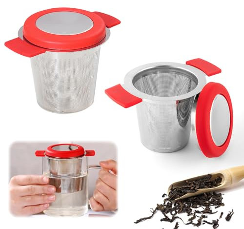 Teesieb 2 Stück Teefilter Teesieb Losen Tee Edelstahl 304 Sieb fürTee Metall Mit Deckel, Abtropfschale, Sehr Fein Teefilter Mit Breiter Doppelgriff für Teekanne, Tasse, Becher, Spülmaschinenfest