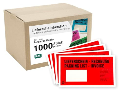 dm folies - Buste per biglietti di spedizione, formato DIN lungo, 1000 pezzi, autoadesive, con stampa, in cartone da 250, accessori per spedizioni in PP