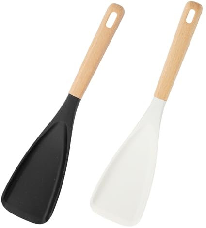 APOMOONS 2 Pcs Duckbill Spatula Silicone Spatulas for Cooking Heat Resistant Non-Stick Rubber Spatulas Spoon with Wood Handle for Cooking Baking and Mixing