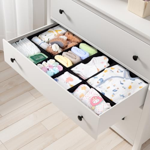 ORLISA 8 Pack Drawer Organiser for IKEA Hemnes, Wardrobe Storage Organiser with PP Panels, Foldable Fabric Drawer Dividers for Clothes, Underwear, Socks & Baby Items, Black