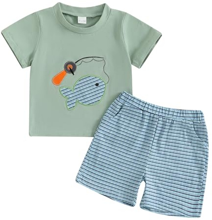 Ysfanwuxi Toddler Baby Boy Fishing Outfit Fish Embroidery Short Sleeve Fishing T Shirt Plaid Shorts Set Infant Summer Clothes (Green, 3-6 Months)