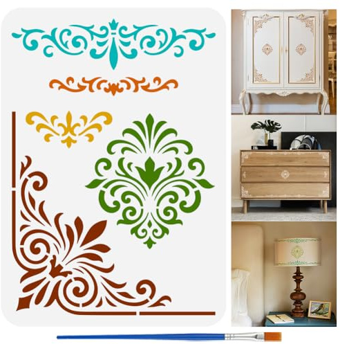 FINGERINSPIRE Stencil per Pittura di Bordi con Pennello, 21x29.7cm in Plastica PET Bordi e Angoli Del Modello di Disegno Del Bordo Decorato Stencil Decorativo a Tema Giornaliero per Pittura su Legno