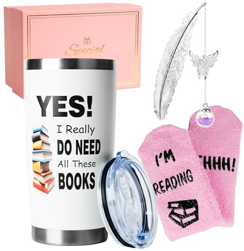 TOONGEEN Book Lover Gifts for Women, Book Accessories for Reading Lovers, Bookish Gifts for Readers, Funny 20oz Insulated Mug Set for Readers, Cotton Socks