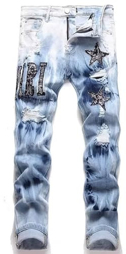 RUMAOZIA - Jeans da uomo, skinny, Y2K, slim fit, elasticizzati, strappati, pantaloni in jeans a vita alta, jeans streetwear, Blu 1, L