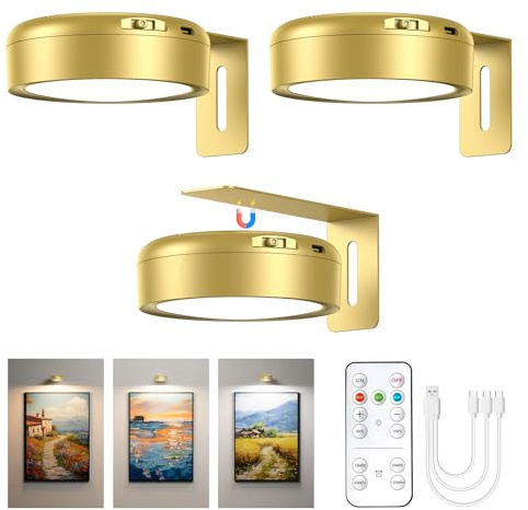 3 Stück Bilderleuchte Kabellos mit Fernbedienung, 2000mAh USB Aufladbar LED Dimmbar Bildbeleuchtung Kabellos, Magnetisch Wandlampe mit 3 Farbtemperaturen & Timer für Bilder GemäLde Kunst Wand (Gold)