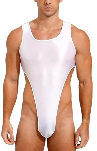 Men's Shiny Glossy Leotard, Sleeveless U Neck High Cut Thong Gymnastics Bodysuit, Stretchy Low Back Solid Sparkle Dance Jumpsuit, Slim Fit One Piece Leotard for Training Swimwear Yoga Gym Workout