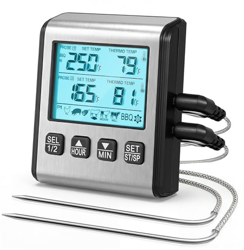WGIDSKKI Termómetro Cocina Doble Sonda, Termómetros de Barbacoa con Modo Temporizador, con Grande Retroiluminación de LCD para Cuisine, Comida, Barbacoa, Liquidos y Aceite