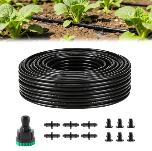100 Piedi 1/4 Pollici Kit Irrigazione Goccia, Kalolary Rotolo Tubo Gocciolante Emettitori Distanziati ogni 6Pollici Sistema Irrigazione Aree Verdi Completo Tappi Chiusura Raccordi Connettori Rubinetto