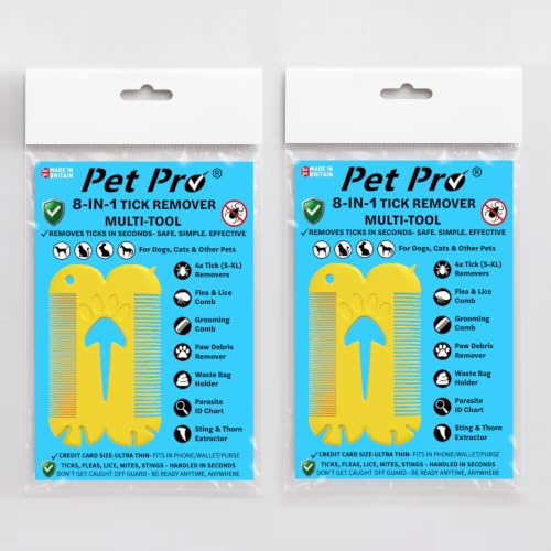 Pet Pro 2 Pack Pocket Tick Removal Tool for Dogs & Cats | Tick Cards | Wallet-sized tick card with 4 tick remover sizes, flea comb, grooming comb & paw cleaner for dogs and cats