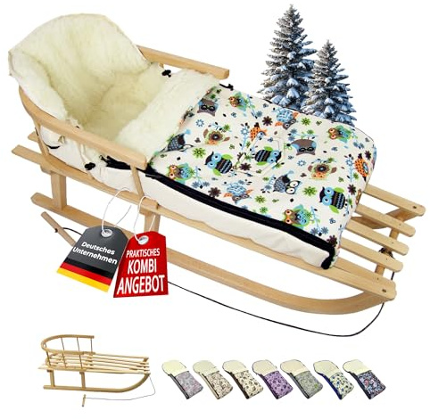BambiniWelt Kombi-erbjudande träsläde med ryggstöd och draglina universell vinter fotväska (108 cm), passar även för barnskål, barnvagn, buggy, av ull i uggledesign (uggla $4)