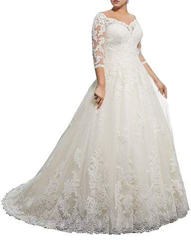 VKStar® Robe de Mariée Grande Taille Longue Dentelle et Tulle Robe de Mariage Hors Epaule Manches Longues Blanc 54