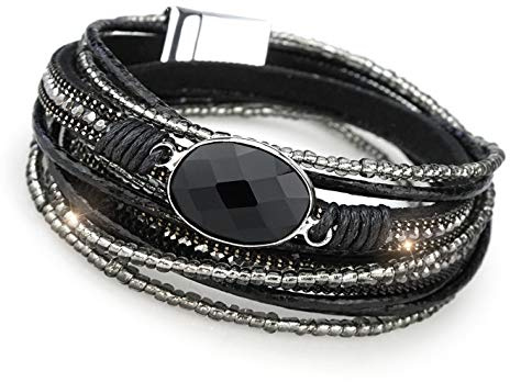 Suyi Women Wrap Bracelet Multilayered Leather Braided Bangle Wrist Cuff Bangles with Magnetic Buckle Black