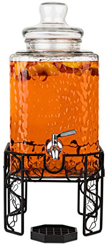 2.5 Gallon Glass Beverage Dispenser with Stainless Steel Spigot, Metal Stand, and Drip Tray – Mason Jar Style Drink Dispenser for Parties, Iced Tea, Water, Lemonade, and More
