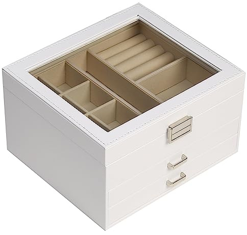 BOOVO Clear Lid Jewelry Box,3 Layers Jewelry Organizer Large Multi-Functional Jewelry Storage Box with 2 Drawers,Jewelry Display Case of Rings Earrings Necklace Bracelets for Women Girls (White)