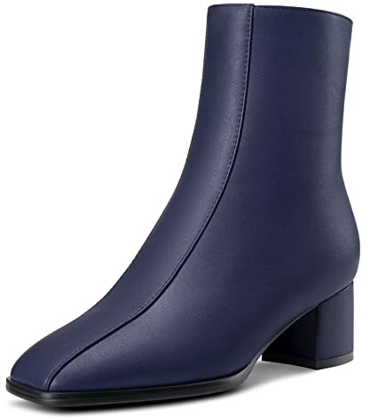 NobleOnly Femmes Bloc Chunky Bas Kitten Talon Heel Carré Bout Fermeture à Glissière Bottines Mariage Dress 5 CM Heels Bleu Marin 37 EU
