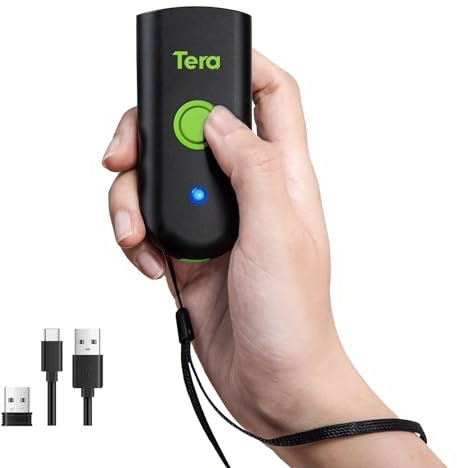 Tera Mini 1D Barcode Scanner: Taschenwasserdichter drahtloser Laserscanner, kompatibel mit Bluetooth, USB Wired, tragbarer für Geschäftslogistik, funktioniert mit iOS, Windows, Android, 1100L Grün