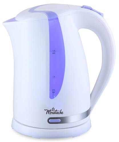 La Moustache - Hervidor de Agua Eléctrico【1,7L/2200W】Indicador Luminoso, Base de Acero Inox con Giro 360°, Calentador Libre de BPA, Protección Contra Ebullición en Seco, Apagado Automático (Blanco)