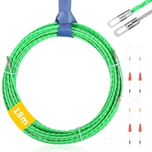 SinLaw Guia Pasacables, 18 m Enhebrador de Alambre Guia Pasacables Trenzada, Ø 4.5 mm Sonda Elettricista,Enhebrador de Alambre Electrico con 4 Muelle de Guía para Tender Conductos de Cables(Verde)
