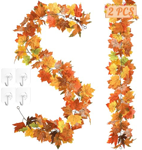Helimoto 11.8FT Fall Garland 2 Pack for Mantle, Home & Indoor Decorations, Thanksgiving Decor, Autumn Garland for Outdoor Display Orange