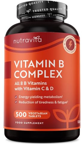 Nutravita Vitamin B Komplex mit Vitamin C + D + Biotin - 500 Tabletten für +1 Jahr Vorat, Stoffwechsel, Psychische Funktion, Nervensystem (EFSA)