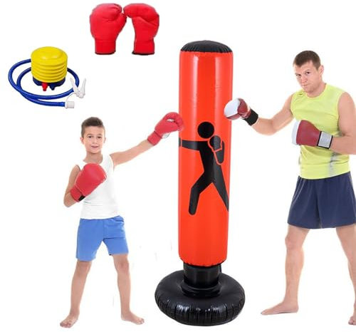 Quintrost Saco de Boxeo Niños, 160cm Saco de Boxeo de Pie con Bomba de Aire y Guantes de Boxeo, Bolsa de Boxeo Inflable Estable para Karate, Kickboxing, Regalo Ideal para Niños y Niñas de 3-12 años