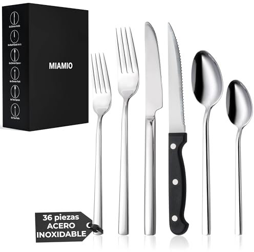 MIAMIO – Besteck Set für 6 Personen / 36-teilig Besteckset mit Messer, Gabel, Löffel, Edelstahl Besteck – Spülmaschinenfest (Silber)