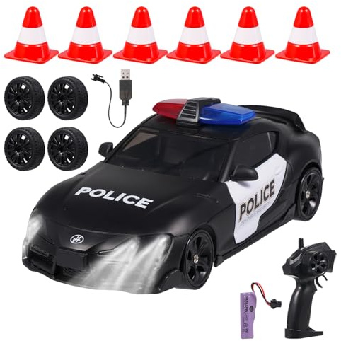 Hylukon 1:24 Scale Remote Control Car Toy for Teens, 4WD Drift Police Car with LED Lights Drifting Tire Racing Sport Toy for Teens Birthday Gift