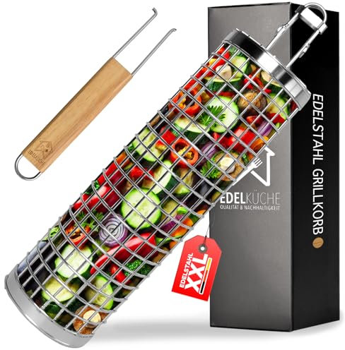 EdelKüche Premium Grillkorb (XXL) aus Edelstahl für Gemüse und Fleisch | Rund, Zylindrisch | Grillzubehör | super Geschenk