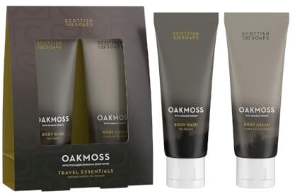 Scottish Fine Soaps Oakmoss Travel Essentials Gift Set – Body Wash with Lactic Acid & Body Cream with Shea Butter, Jojoba Oil & Hyaluronic Acid, Infused with Oakmoss, Cedarwood & Amber