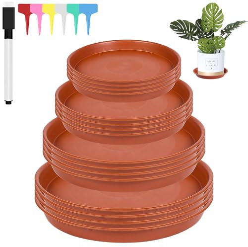 16 Pièces Soucoupes pour Plantes, 11/15/17/20cm Fleur Plastique Soucoupes Pots avec 18 Étiquettes et 1 Stylo, Fleur Soucoupe Rondes, Coupelle Pot de Fleur pour Plantes D'intérieur et D'extérieur