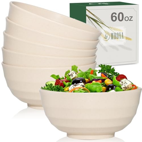 Wrova Large Bowl Sets 60 OZ - 6 PCS Reusable Large Ramen Bowl, Microwave and Dishwasher Safe Bowls, Plastic Serving Bowl Sets Kitchen Bowls for Serving Soup,Ramen and Salad Etc - Beige