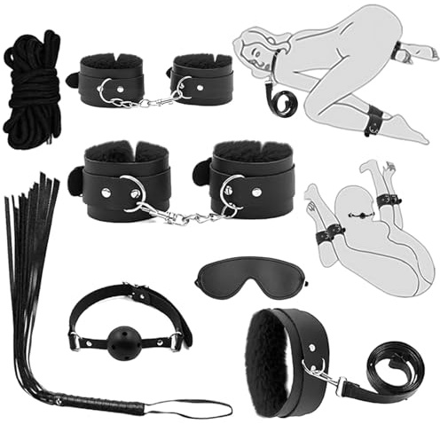 Kits de bondage sexuel, jouets de contrainte BDSM (7 pièces), menottes, chevilles, menottes, pinces, bâillon-boule, bandeau, corde, cuir, ensemble de contraintes (noir)
