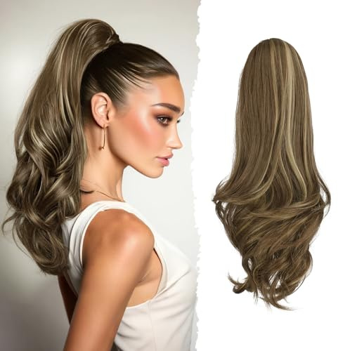 Sofeiyan Coleta Postiza Larga Ondulada con Pinza,Extensión de Coleta Natural de Doble Uso,41 cm de Sintética Pinza de Pelo en Extensión de Trenza para Mujeres,Castaño claro con reflejos rubio ceniza