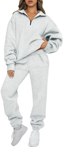 JFAN Sportivo Donna Completo Casual Felpa Lunga con Mezza Zip Due Pezzi Pantaloni Sportivi Tuta Donna Sportiva in Tinta Unita Grigio S