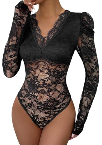 Generisch Damen Body Lace Bodysuit Spitzen Party Oberteil Rückenfrei Trachtenbody Elegant Spitzenbody Langarm Sexy Festival Outfit Schwarz XL