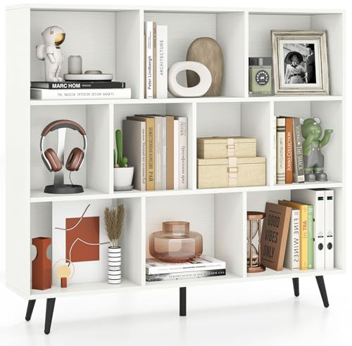COSTWAY 7/8/10-Cube Bookcase, Modern Bookshelf Storage Rack with 4/5/5 Tapered Metal Legs and 2 Anti-Tip Kit, Freestanding Display Shelving Unit Room Divider (White, 120 x 24 x 107 cm)