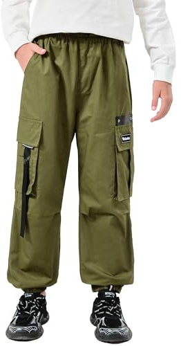 Rolanko Pantaloni Cargo da Ragazzo, Pantaloni da Jogging in Vita Elasticizzata per Bambini, Nastro Verde Militare, Taglia: 160
