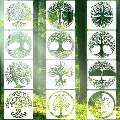 12Pcs Tree of Life Stencil, Reusable Painting Art Templates Including 12 Shapes, Stencils for Crafts for Painting Scrapbooking Crafts DIY Art and Wall Decoration 15 * 15cm/5.9 * 5.9inches