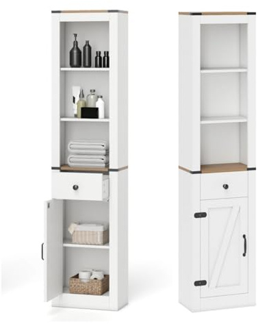 LIFEZEAL Armoire de Salle de Bain étroite, Armoire Haute Vintage avec tiroir, Porte et 3 Compartiments Ouverts, Meuble avec étagère Ajustable pour Salle de Bain, Salon, Cuisine, 40 x 24 x 173 cm