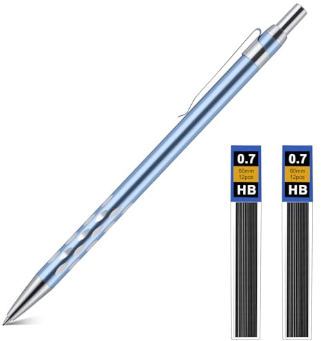 AOOSU Pennset med 0,7 mm mekaniska pennor, metallpenna med 2 st HB-penna för konstskrivning, ritning, skiss och prickig ljusblå