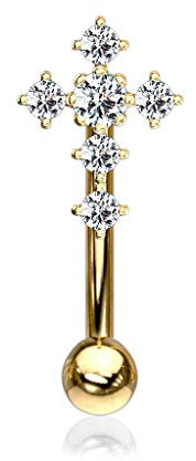 eeddoo Augenbrauenpiercing Piercing-Banane aus Edelstahl mit Kreuz Applikation und Kristallen ((2) Gold)